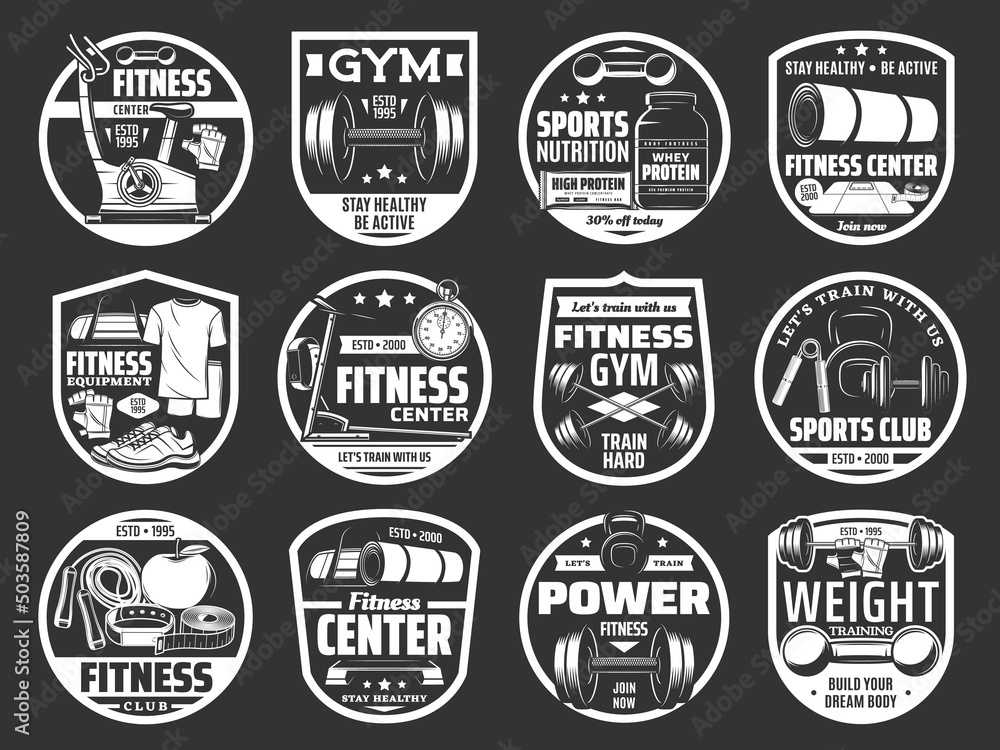Sport tool and equipment isolated vector icons of gym, fitness and weightlifting club. Dumbbell, kettlebell and barbell, training sneakers, jump rope, mat and protein, exercise bike and bottle badges