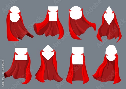 Hero and super hero cartoon red capes and cloaks. Vector silk fabric mantles of superhero, vampire, king or magician costume with flying and flowing flaps, isolated capes with blank white signs