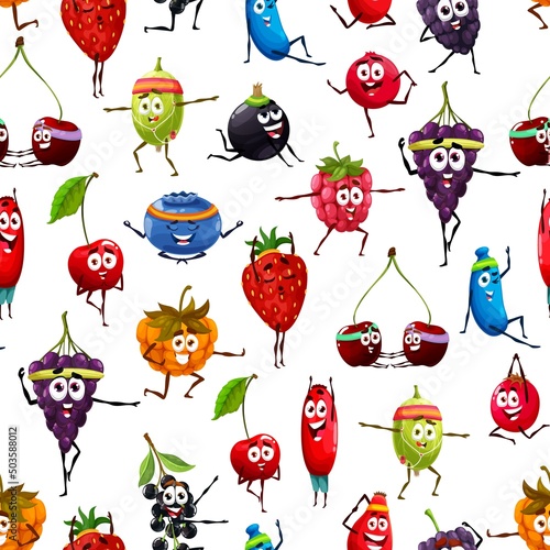 Cartoon berry fruits characters in yoga poses on seamless pattern. Fabric print, seamless vector background with strawberry, grapes and cherry, honeysuckle, cowberry and raspberry doing yoga exercises