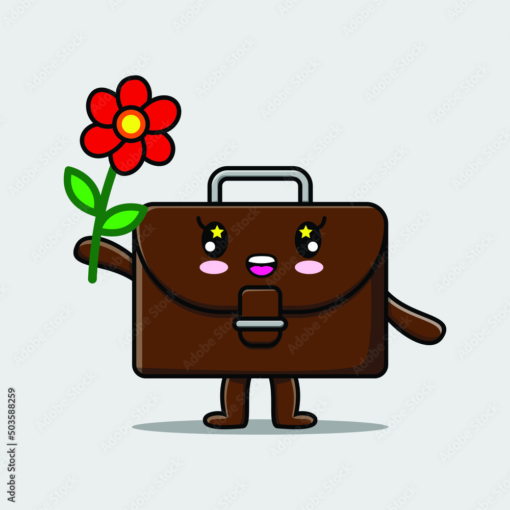 Cute cartoon suitcase character holding red flower in concept 3d cartoon style
