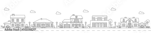 Neighborhood line art cityscape. Town city street with outline buildings. Vector suburban street landscape with village houses and residential homes, linear skyline with row of houses, trees, fences