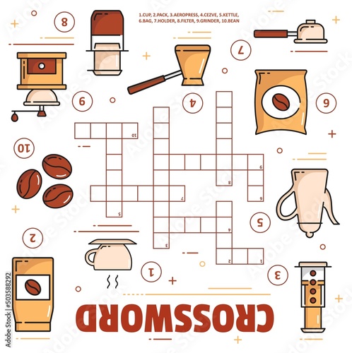 Coffee brewing, cup and beans crossword grid vector worksheet. Find a word quiz game puzzle, kids education fill in squares riddle with outline coffee pot, grinder, filter and pack, kettle, aeropress