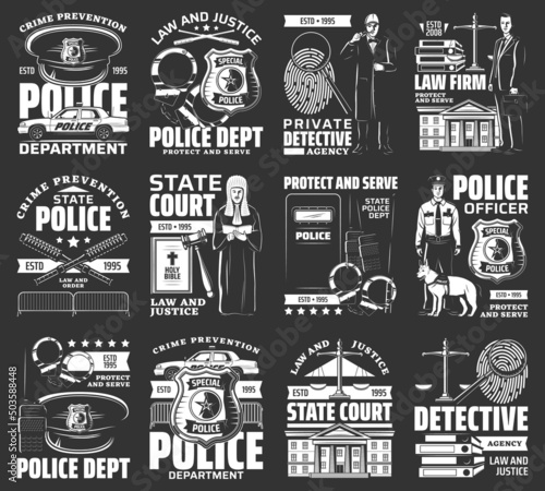 Foto Law and order vector icons, police department, law firm, private detective, state court