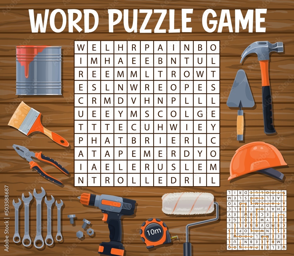 Builder tools, word search puzzle quiz game worksheet vector grid. Word search game to find