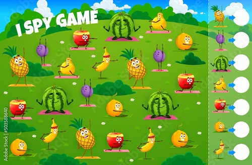 I spy game worksheet cartoon fruits characters on yoga. Vector kids educational puzzle with pineapple, plum, watermelon, quince, apple, orange and banana. Math riddle page of kindergarten education