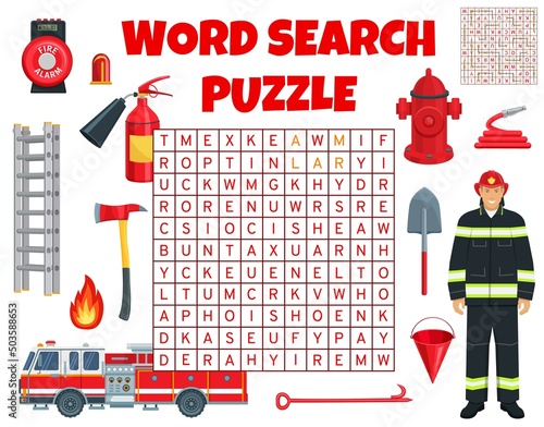 Firefighter and firefighting equipment on word search puzzle game worksheet. Kids quiz grid, text puzzle or kindergarten child vector logical game with word find task and fire truck, firefighter tools