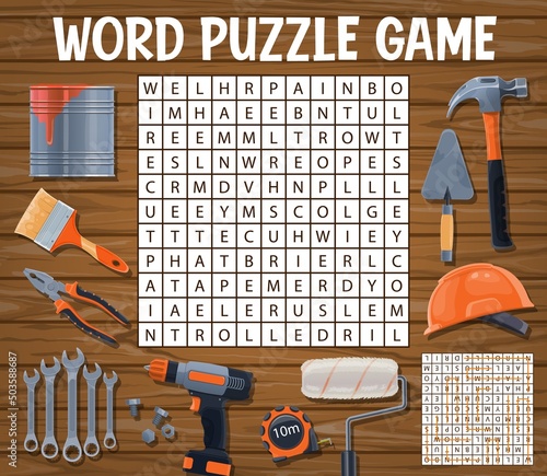 Builder tools, word search puzzle quiz game worksheet vector grid. Word search game to find words of carpentry, masonry and woodworking tools, hammer, wrench and bolts with drill