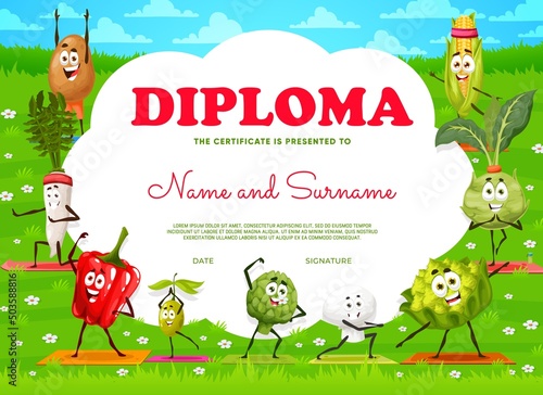 Kids diploma, cartoon funny vegetables on yoga fitness. Educational vector certificate with potato, radish, paprika, olive, artichoke, champignon, cauliflower, kohlrabi or corn characters school frame