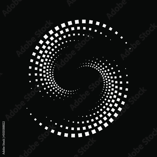 White halftone square dots in spiral form. Geometric art. Trendy design element for frame, logo, tattoo, sign, symbol, web, prints, posters, template, pattern and abstract background 