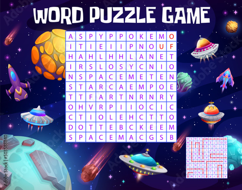 Ufo, spacecraft and starship in galaxy word search puzzle game worksheet. Vector kids quiz grid, brainteaser for children with cartoon cosmic engines and planets, find english words task