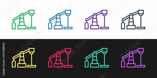 Set line Oil pump or pump jack icon isolated on black and white background. Oil rig. Vector
