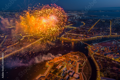 Festive salute over the Peter and Paul Fortress in a significant Victory Day for the country on May 9  improbable quantity of ships observes a show  an eternal flame of memory burns on rostral colons