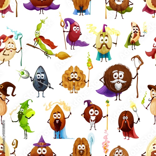 Cartoon nuts and beans wizards, mages and warlocks, vector seamless pattern background. Nuts magicians and sorcerers with magic wands, walnut with hazelnut and coffee bean, peanut and coconut