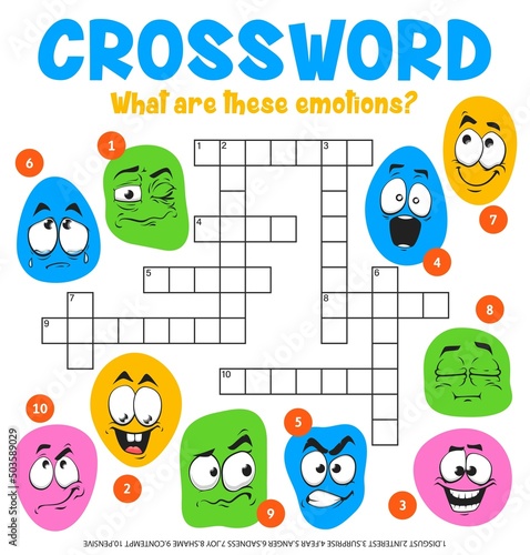 Cartoon face emotions and expressions crossword grid worksheet. Find a word quiz game, preschool children riddle book vector page. Kindergarten child vocabulary playing activity or children text game