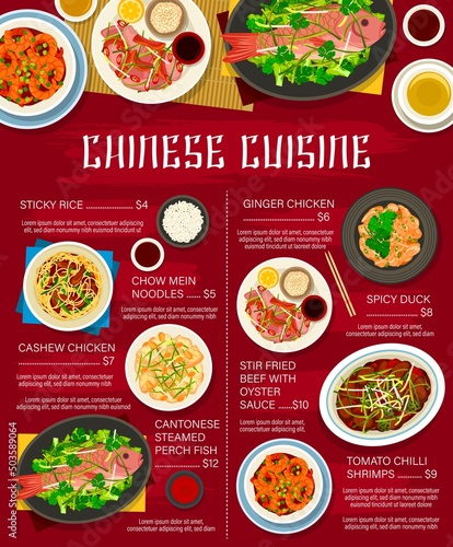 Chinese cuisine restaurant vector menu with rice, vegetables, meat and seafood dishes. Chow mein noodles, ginger and cashew chicken, chilli prawn, beef with oyster sauce, perch fish and spicy duck