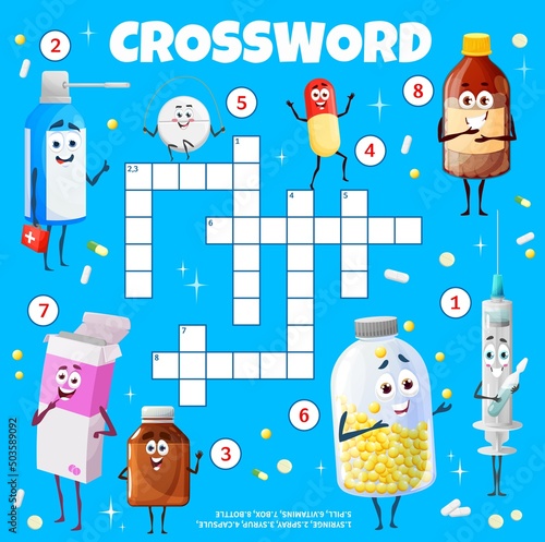 Cartoon tablets and pills on crossword grid worksheet. Find a word quiz game, kids intellectual riddle or vocabulary test. Children vector educational game or playing activity with medicines and drugs