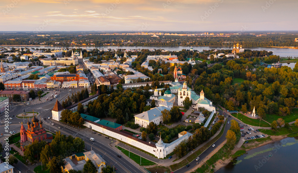 View from drone of Yaroslavl city with Yaroslav the Wise monument, churches and Kotorosl river
