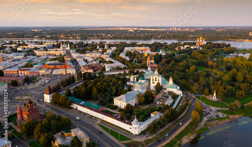 View from drone of Yaroslavl city with Yaroslav the Wise monument, churches and Kotorosl river © JackF