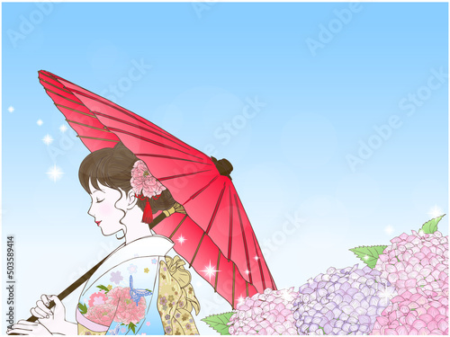 あじさいと和傘と晴れ着の女性_横向き_閉眼