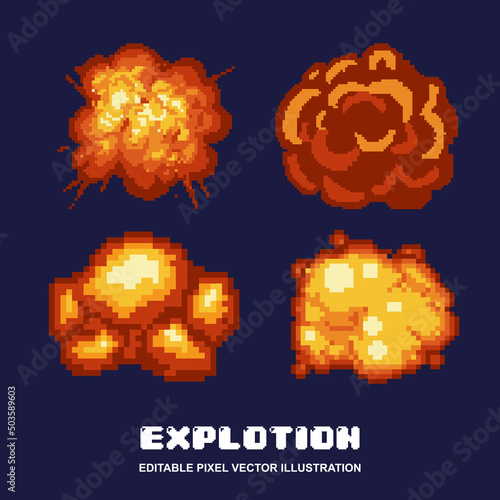 Set of explosion icon in pixel style vector illustration