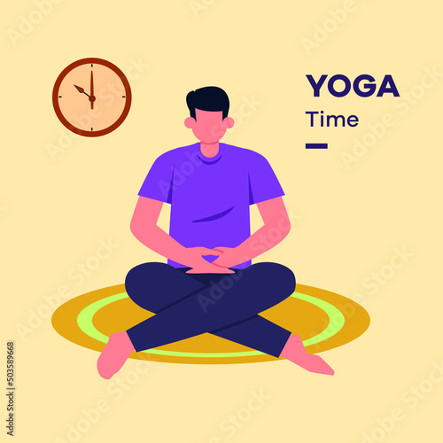Young boy doing yoga time taking at 10 am. Activity time  vector illustration.