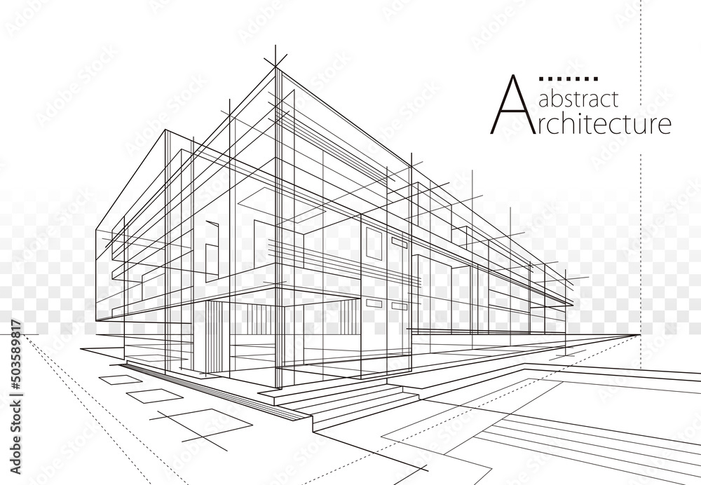 3D illustration Imagination architecture building construction perspective design,abstract modern urban building out-line black and white drawing. - obrazy, fototapety, plakaty 