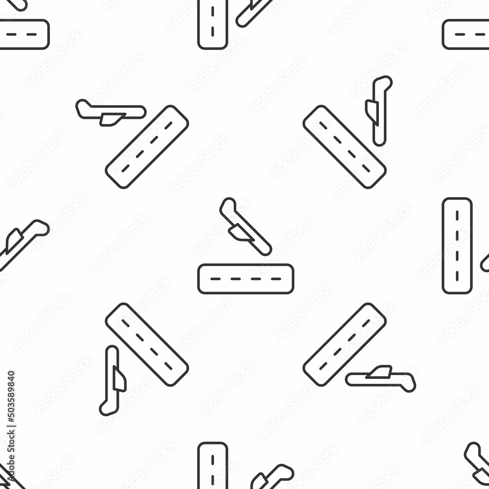 Grey line Plane landing icon isolated seamless pattern on white background. Airplane transport symbol. Vector Grey line Plane landing icon isolated seamless pattern on white background. Airplane transport symbol. Vector