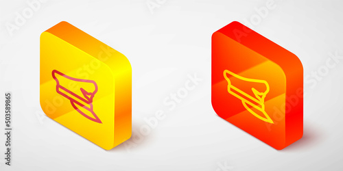 Isometric line Pilot hat icon isolated on grey background. Yellow and orange square button. Vector