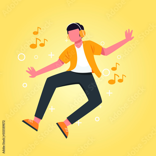 Happy boy jumping and listening music. Happy yellow day. Colored flat graphic vector illustration isolated.