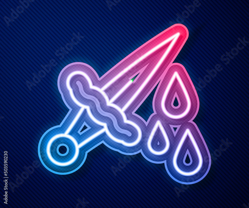 Glowing neon line Sword with blood icon isolated on blue background. Medieval weapons knight and soldier. Symbol of murder. Vector