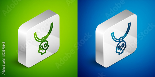 Isometric line Necklace amulet icon isolated on green and blue background. Silver square button. Vector