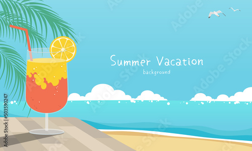 Vector illustration of summer beach and cocktail banner background with copy space. © nekonome