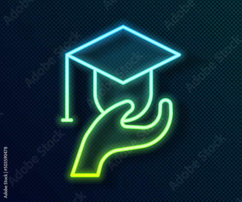 Glowing neon line Education grant icon isolated on black background. Tuition fee, financial education, budget fund, scholarship program, graduation hat. Vector