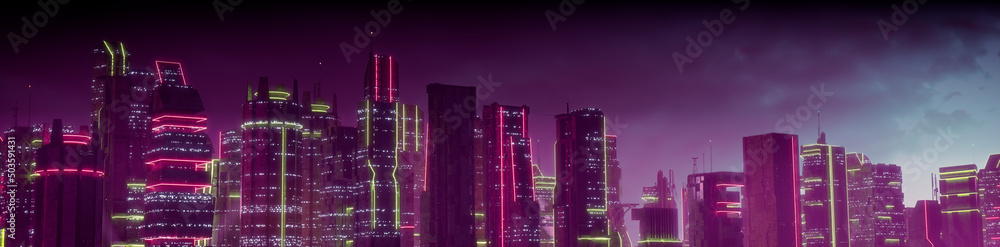 Cyberpunk Cityscape with Pink and Yellow Neon lights. Night scene with Futuristic Superstructures. Cyberpunk Cityscape with Pink and Yellow Neon lights. Night scene with Futuristic Superstructures.