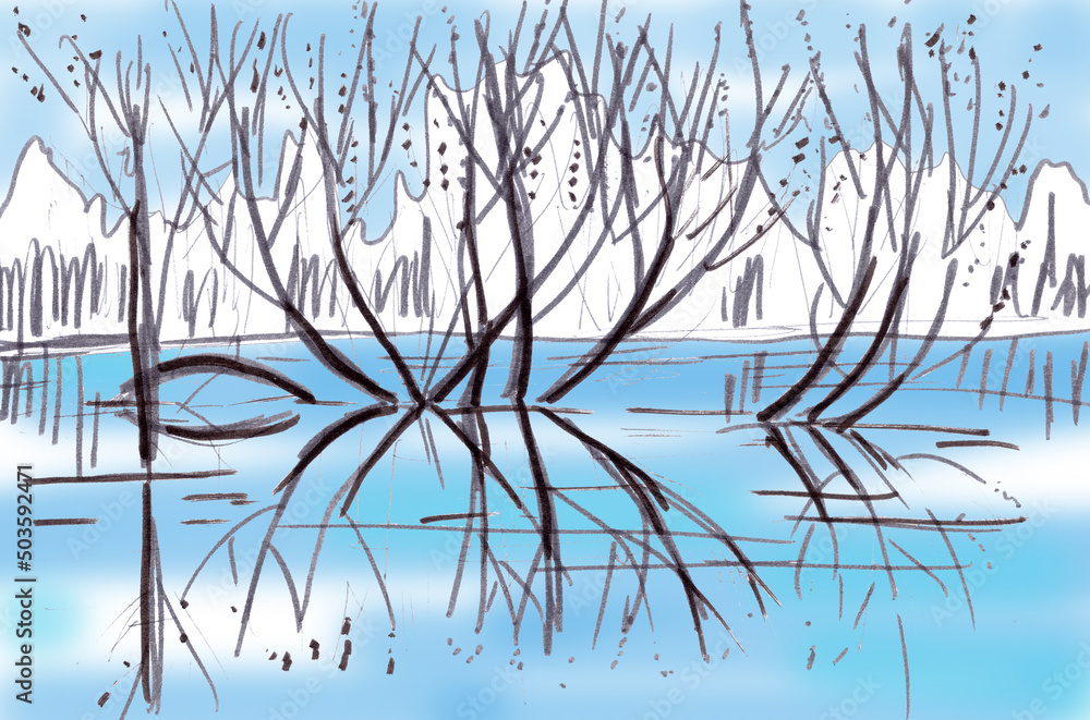 Fototapeta premium spring trees and bushes, reflections in the water, graphic drawing