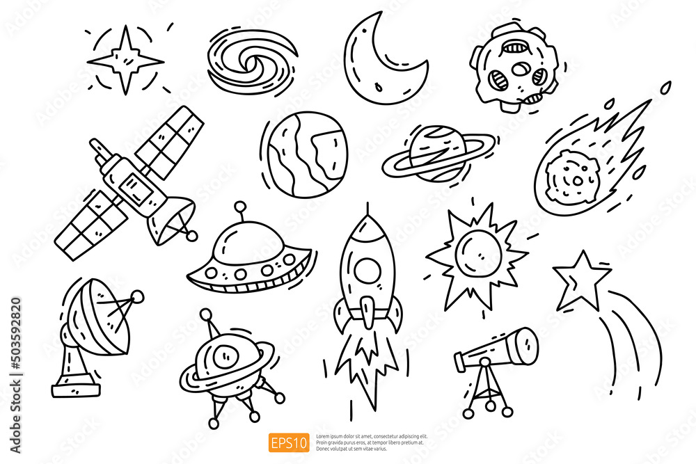 Obraz premium Space doodle icon illustration set. Cosmos Hand drawn Vector