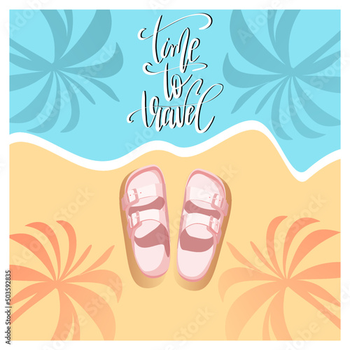 Vector illustration with beach and sea and flip flops in flat technique and lettering 