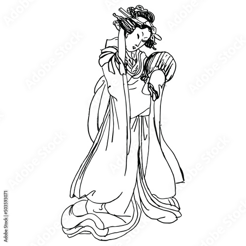 Beautiful Japanese woman in kimono looking at the mirror. Portrait of the poetess Ono no Komachi. Traditional vintage style. Hand drawn linear doodle rough sketch. Black silhouette on white background