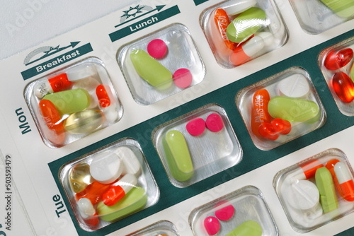 Medication bubble packs, blister cards pharmacy generated compliance packaging to organize medications doses up to four times a day.  Used by patients with complicated dosing