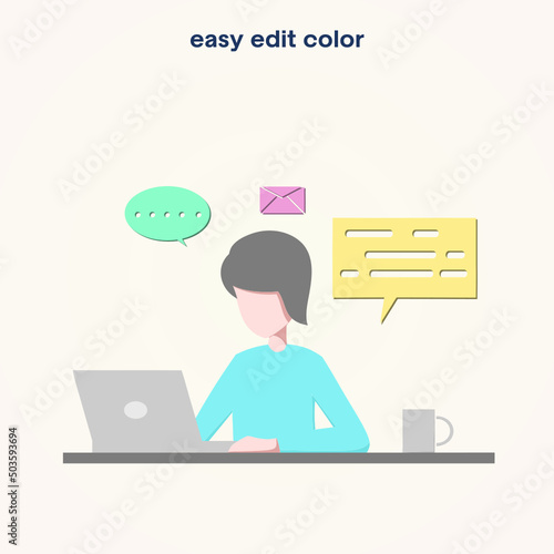 office design plat business girl with laptop and easy edit color