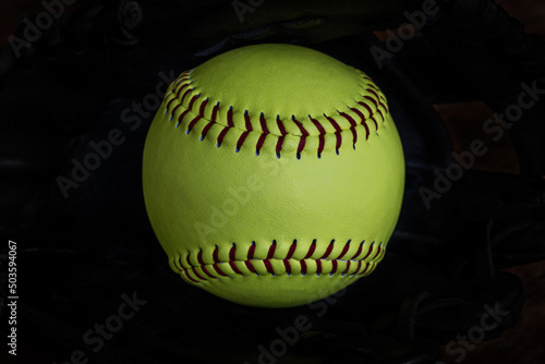 The softball ball in the softball glove has space for text.