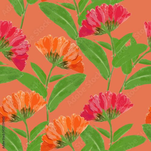 Marigold, calendula. Illustration, texture of flowers. Seamless pattern for continuous replication. Floral background, photo collage for textile, cotton fabric. For wallpaper, covers, print.