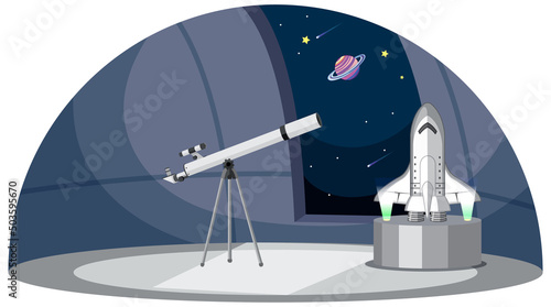 Astronomy theme with telescope and spaceship