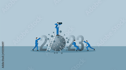 Business outlook vision concept in year 2023. Visionary businessman leader use binoculars to forecast business opportunity. On top of ladder above the year 2023 number and virus, COVID-19 coronavirus.