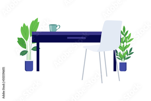 Freelancer workplace with modern beautiful chair table and floor lamp isolated on white background