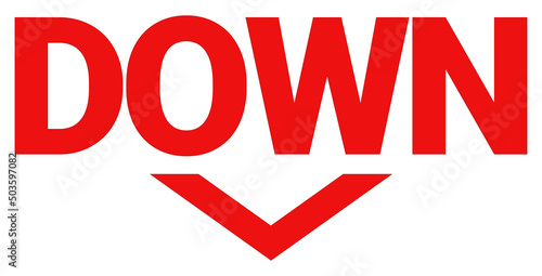 Red lettering logo DOWN on a white background. Down arrow. Decrease vector icon. Color vector illustration
