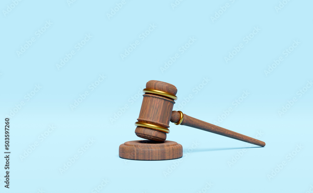 3d wooden judge gavel, hammer auction with stand isolated on blue background. law, justice system symbol concept, 3d render illustration 3d wooden judge gavel, hammer auction with stand isolated on blue background. law, justice system symbol concept, 3d render illustration