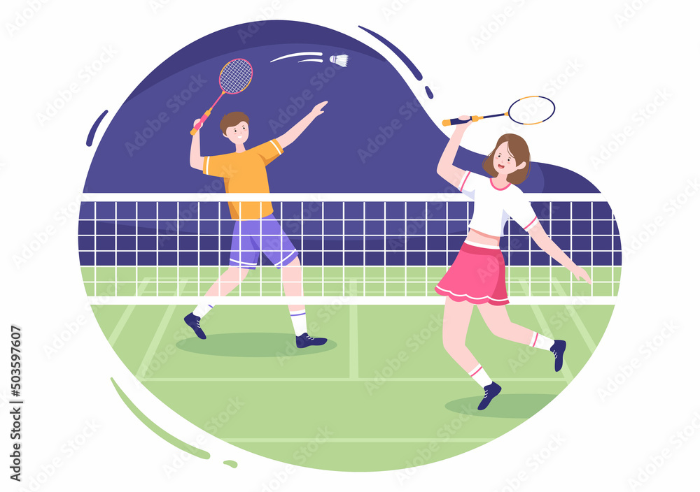 Fototapeta premium Badminton Player with Shuttle on Court in Flat Style Cartoon Illustration. Happy Playing Sport Game and Leisure Design