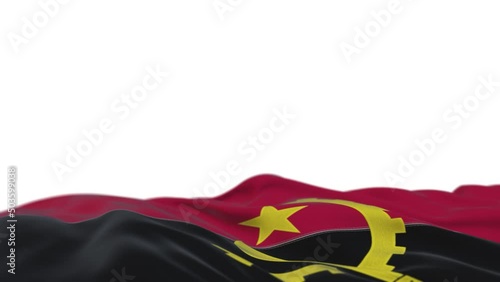 Angola fabric flag waving on the wind loop. Angolan embroidery stiched cloth banner swaying on the breeze. Half-filled white background. Place for text. 20 seconds loop. 4k photo