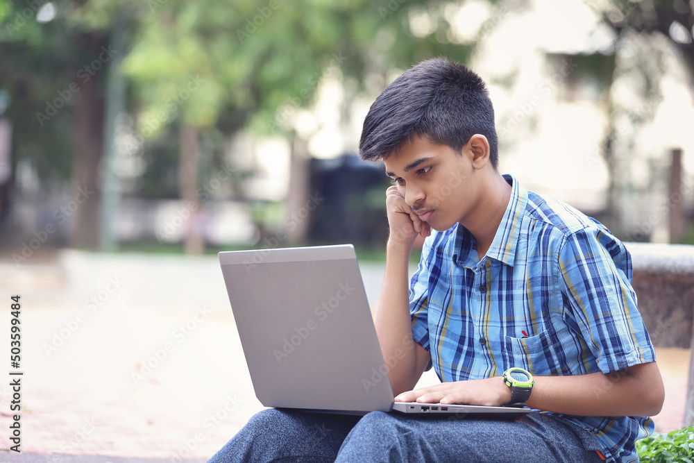 Indian young boy using Laptop while Sitting Outside park
Indian young boy using Laptop while Sitting Outside park